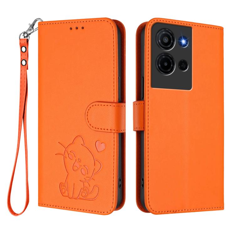 For TCL K32 5G / K33 5G Embossed Heart Cat Leather Phone Case with Hand Strap