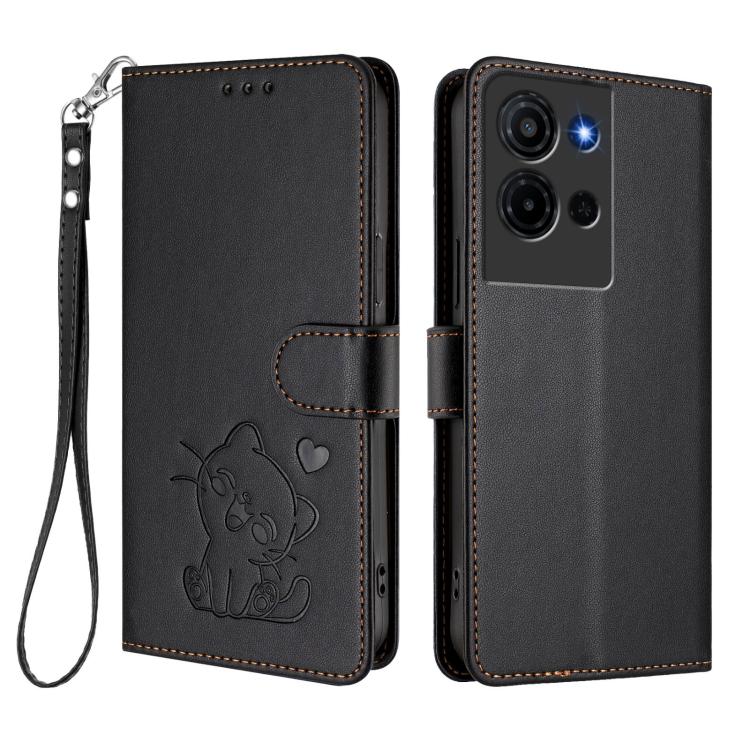 For TCL K32 5G / K33 5G Embossed Heart Cat Leather Phone Case with Hand Strap