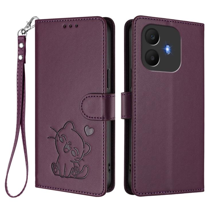 For TCL K70 Power 4G / K70 4G Embossed Heart Cat Leather Phone Case with Hand Strap