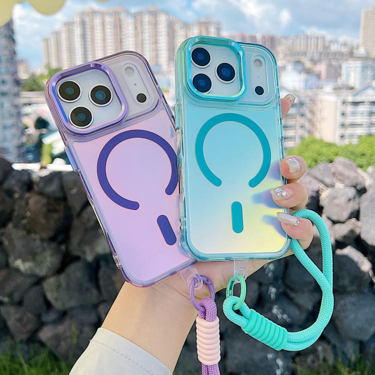 For iPhone 17 Pro Gradient Discolor MagSafe Phone Case with Holder / Wrist Strap