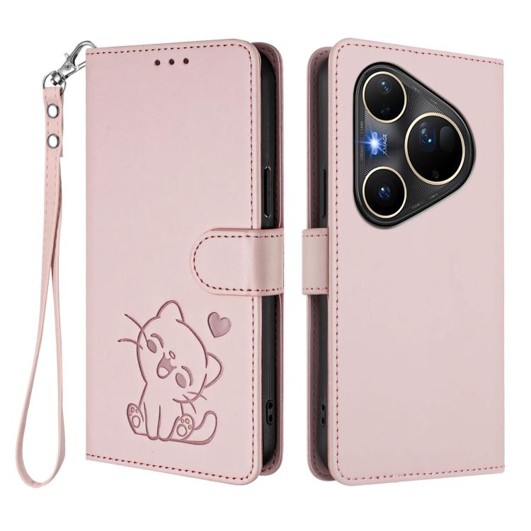 For Huawei Pura 80 Ultra 5G Embossed Heart Cat Leather Phone Case with Hand Strap