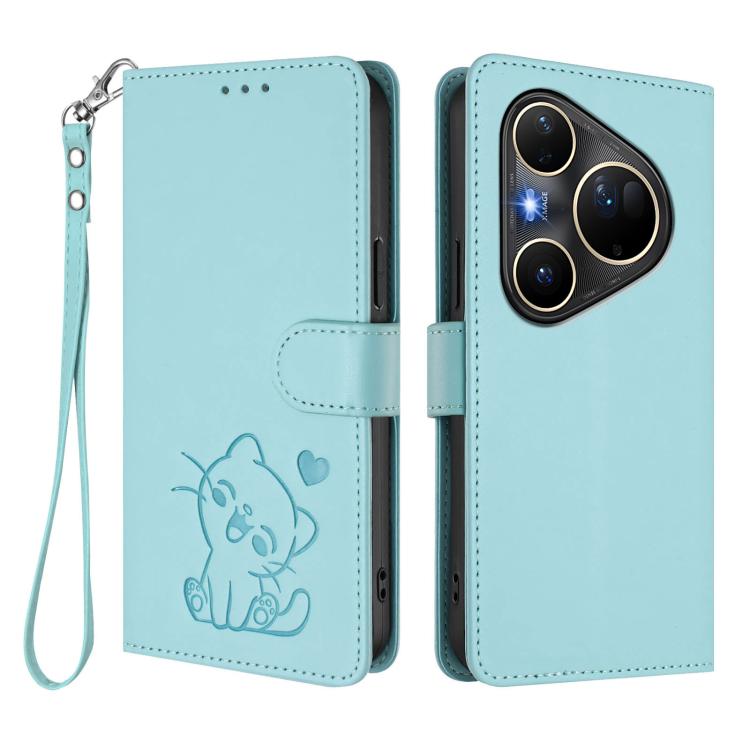 For Huawei Pura 80 Ultra 5G Embossed Heart Cat Leather Phone Case with Hand Strap
