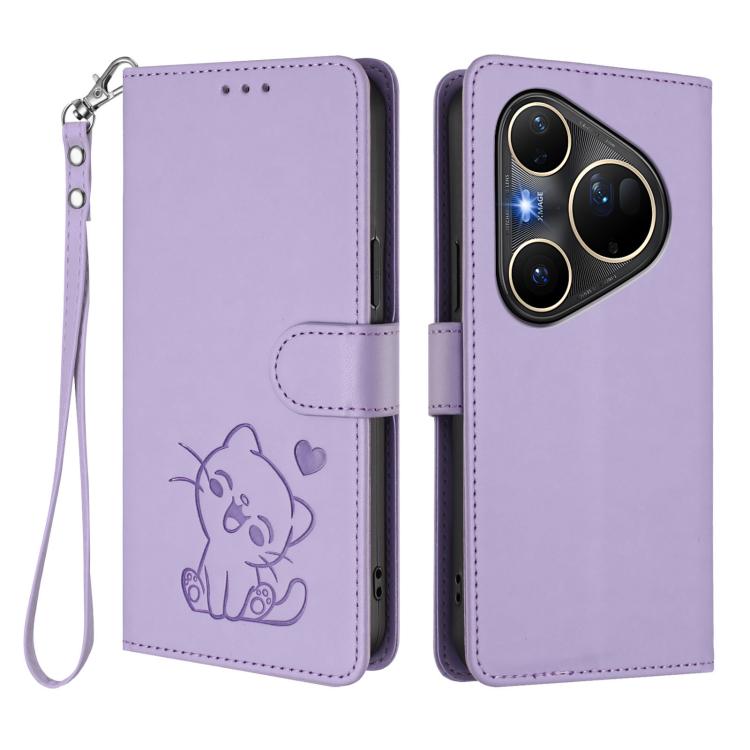 For Huawei Pura 80 Ultra 5G Embossed Heart Cat Leather Phone Case with Hand Strap