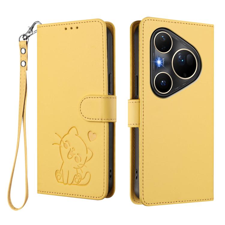 For Huawei Pura 80 Ultra 5G Embossed Heart Cat Leather Phone Case with Hand Strap