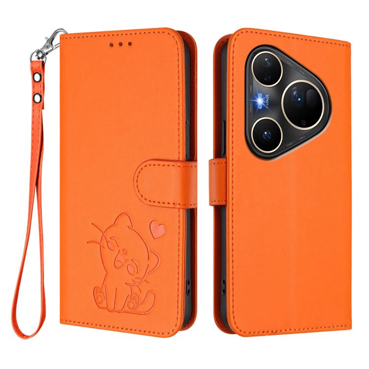 For Huawei Pura 80 Ultra 5G Embossed Heart Cat Leather Phone Case with Hand Strap