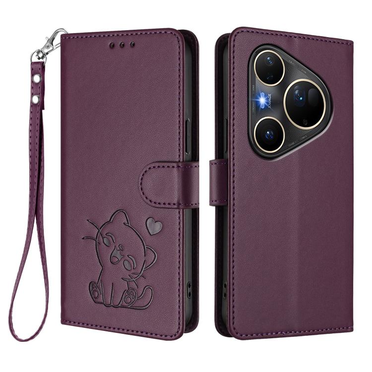 For Huawei Pura 80 Ultra 5G Embossed Heart Cat Leather Phone Case with Hand Strap