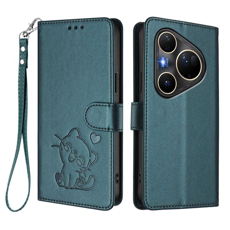 For Huawei Pura 80 Ultra 5G Embossed Heart Cat Leather Phone Case with Hand Strap