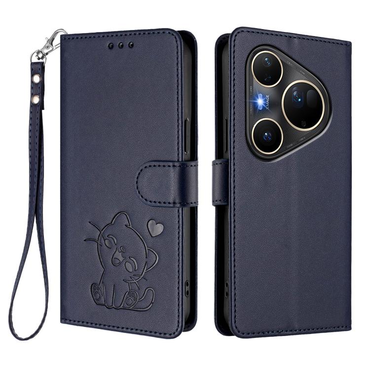 For Huawei Pura 80 Ultra 5G Embossed Heart Cat Leather Phone Case with Hand Strap