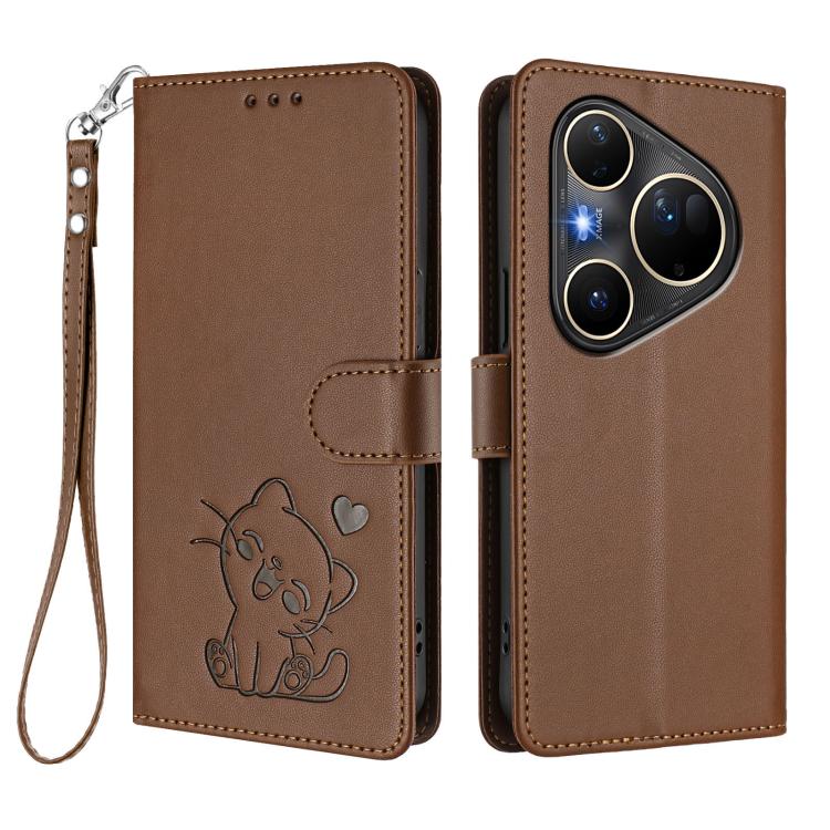 For Huawei Pura 80 Ultra 5G Embossed Heart Cat Leather Phone Case with Hand Strap