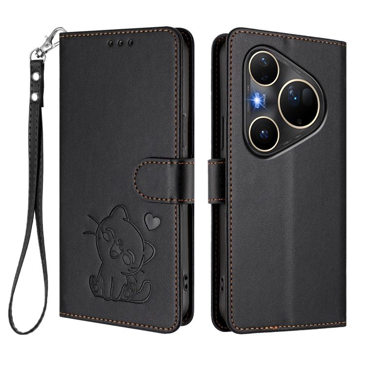 For Huawei Pura 80 Ultra 5G Embossed Heart Cat Leather Phone Case with Hand Strap