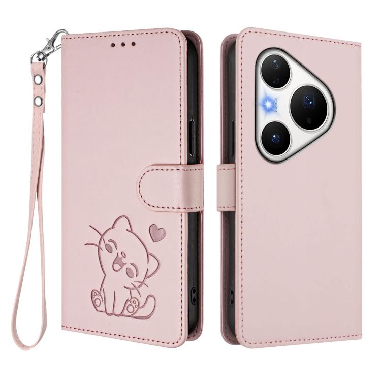 For Huawei Pura 80 Pro 5G / Pura 80 Pro+ 5G Embossed Heart Cat Leather Phone Case with Hand Strap