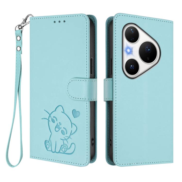 For Huawei Pura 80 Pro 5G / Pura 80 Pro+ 5G Embossed Heart Cat Leather Phone Case with Hand Strap