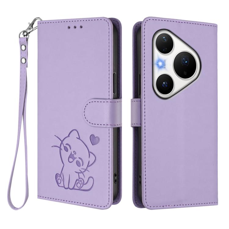For Huawei Pura 80 Pro 5G / Pura 80 Pro+ 5G Embossed Heart Cat Leather Phone Case with Hand Strap