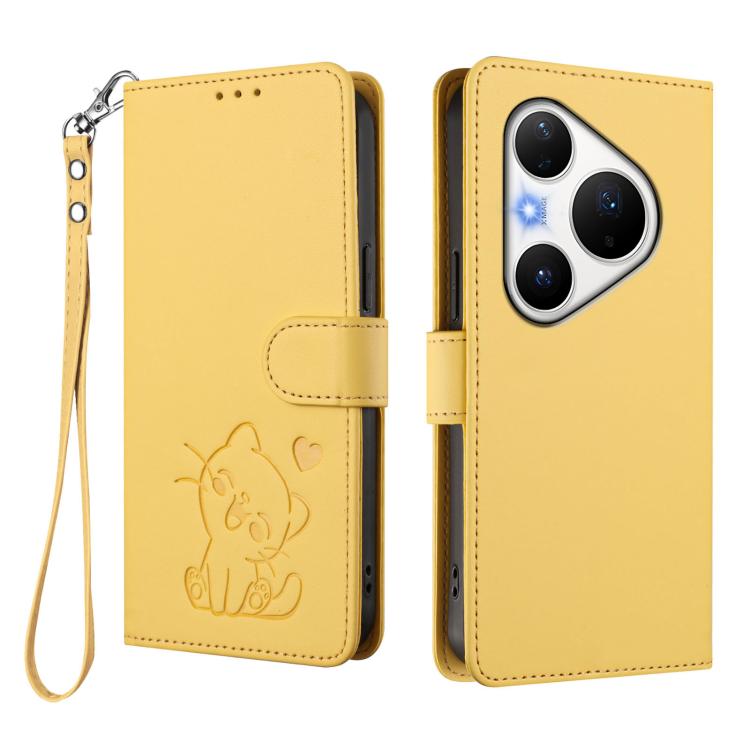 For Huawei Pura 80 Pro 5G / Pura 80 Pro+ 5G Embossed Heart Cat Leather Phone Case with Hand Strap