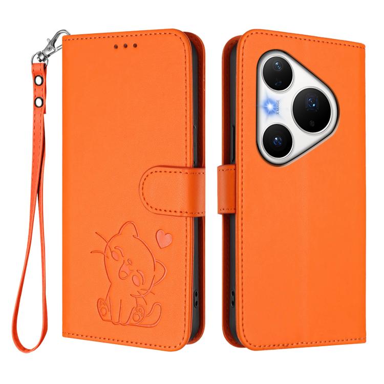 For Huawei Pura 80 Pro 5G / Pura 80 Pro+ 5G Embossed Heart Cat Leather Phone Case with Hand Strap