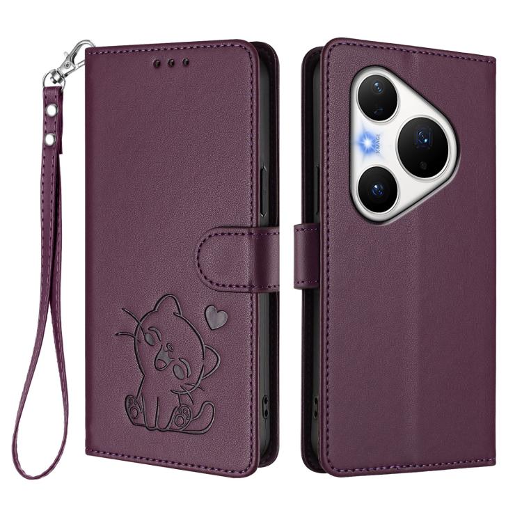 For Huawei Pura 80 Pro 5G / Pura 80 Pro+ 5G Embossed Heart Cat Leather Phone Case with Hand Strap
