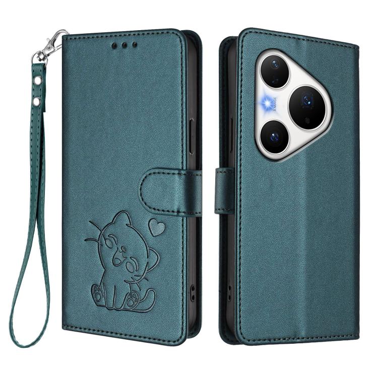 For Huawei Pura 80 Pro 5G / Pura 80 Pro+ 5G Embossed Heart Cat Leather Phone Case with Hand Strap