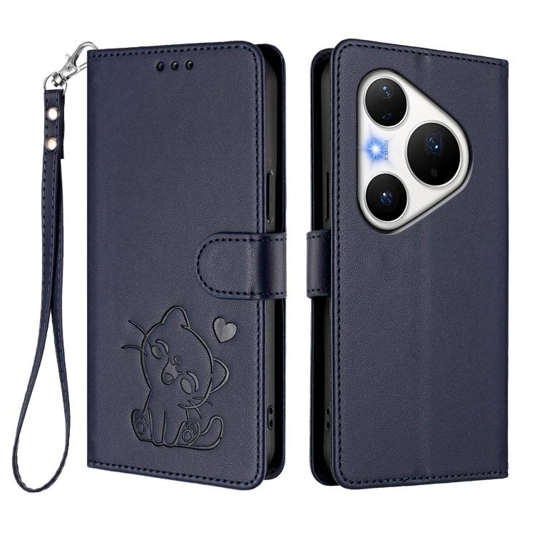 For Huawei Pura 80 Pro 5G / Pura 80 Pro+ 5G Embossed Heart Cat Leather Phone Case with Hand Strap