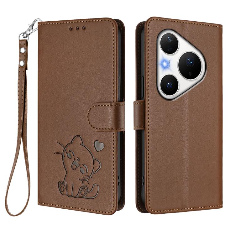 For Huawei Pura 80 Pro 5G / Pura 80 Pro+ 5G Embossed Heart Cat Leather Phone Case with Hand Strap