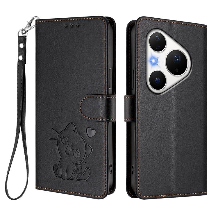 For Huawei Pura 80 Pro 5G / Pura 80 Pro+ 5G Embossed Heart Cat Leather Phone Case with Hand Strap