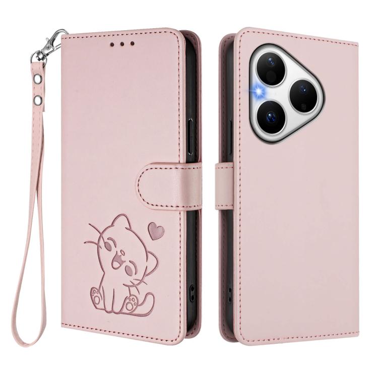 For Huawei Pura 80 5G Embossed Heart Cat Leather Phone Case with Hand Strap