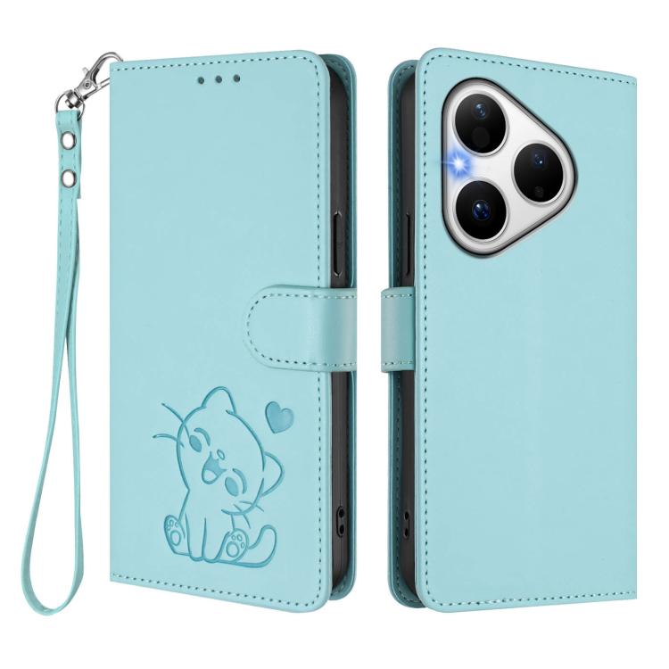 For Huawei Pura 80 5G Embossed Heart Cat Leather Phone Case with Hand Strap