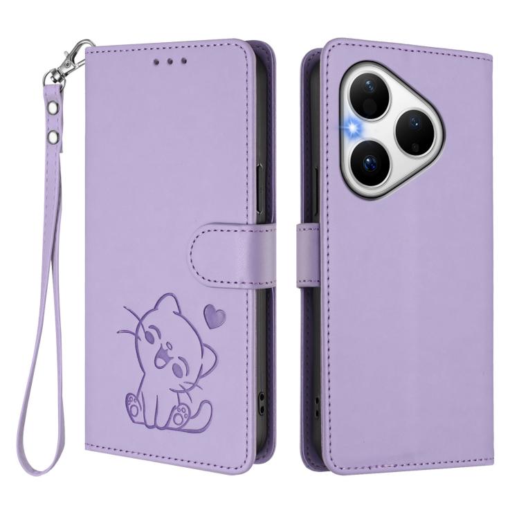 For Huawei Pura 80 5G Embossed Heart Cat Leather Phone Case with Hand Strap