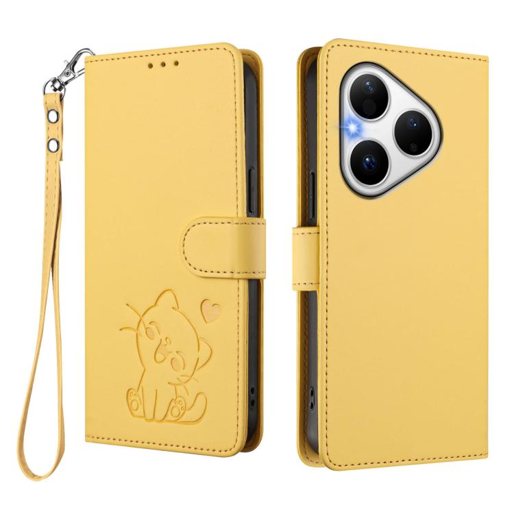 For Huawei Pura 80 5G Embossed Heart Cat Leather Phone Case with Hand Strap