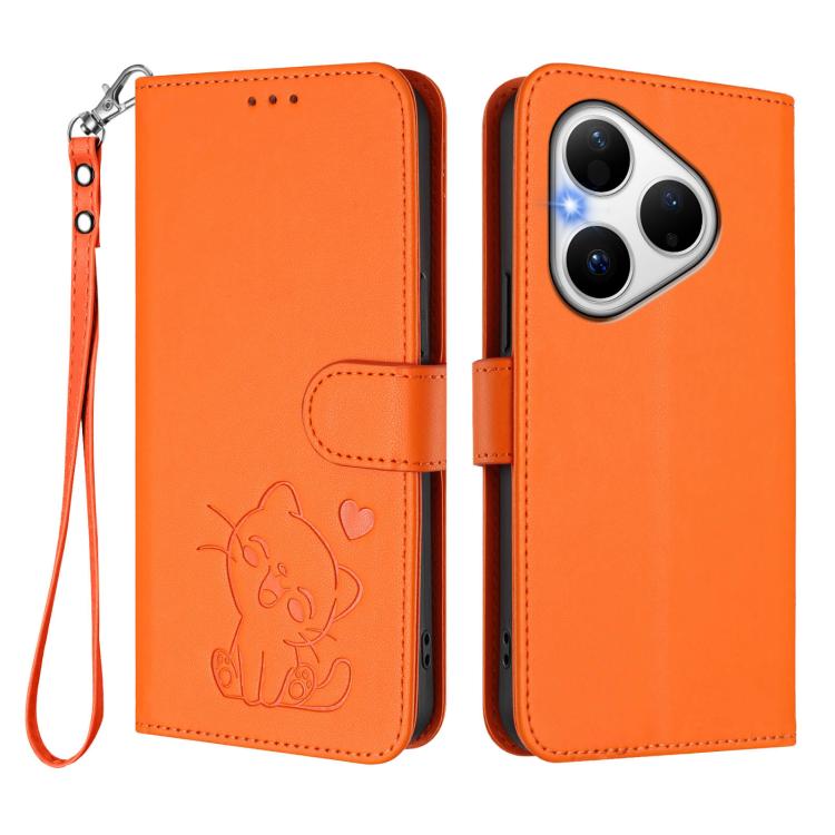 For Huawei Pura 80 5G Embossed Heart Cat Leather Phone Case with Hand Strap
