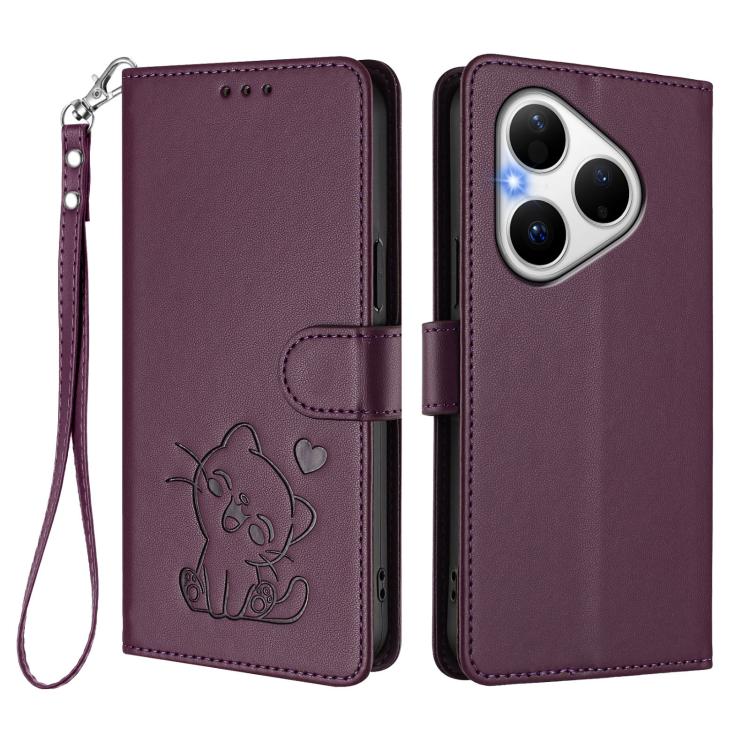 For Huawei Pura 80 5G Embossed Heart Cat Leather Phone Case with Hand Strap