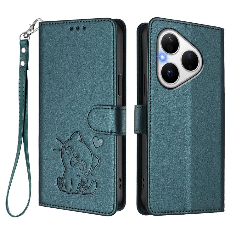 For Huawei Pura 80 5G Embossed Heart Cat Leather Phone Case with Hand Strap