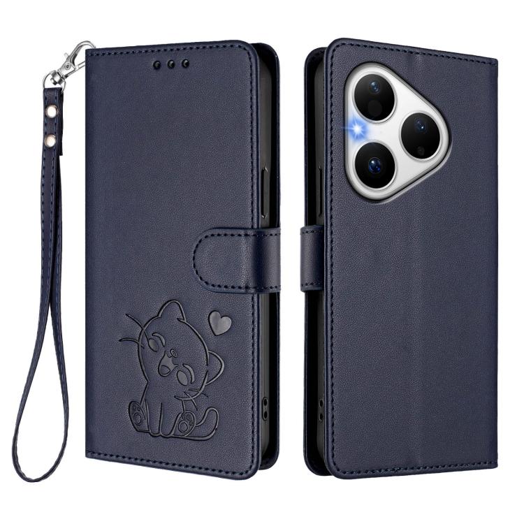 For Huawei Pura 80 5G Embossed Heart Cat Leather Phone Case with Hand Strap