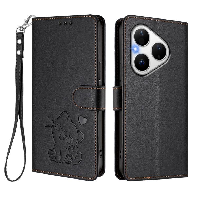 For Huawei Pura 80 5G Embossed Heart Cat Leather Phone Case with Hand Strap