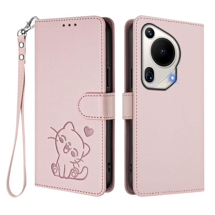 For Huawei Pura 70 Ultra Embossed Heart Cat Leather Phone Case with Hand Strap