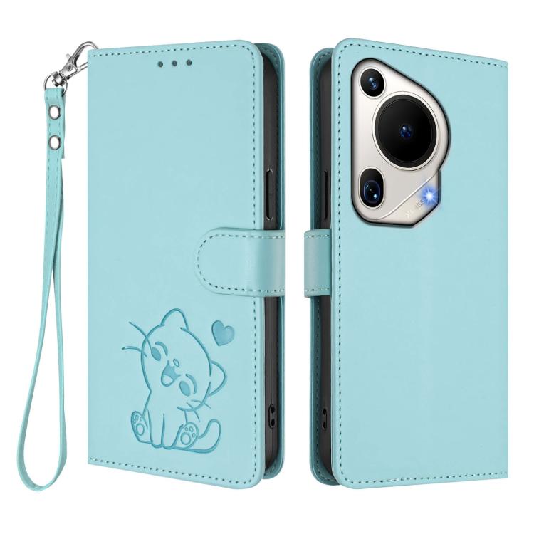 For Huawei Pura 70 Ultra Embossed Heart Cat Leather Phone Case with Hand Strap
