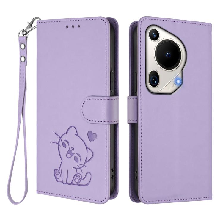 For Huawei Pura 70 Ultra Embossed Heart Cat Leather Phone Case with Hand Strap