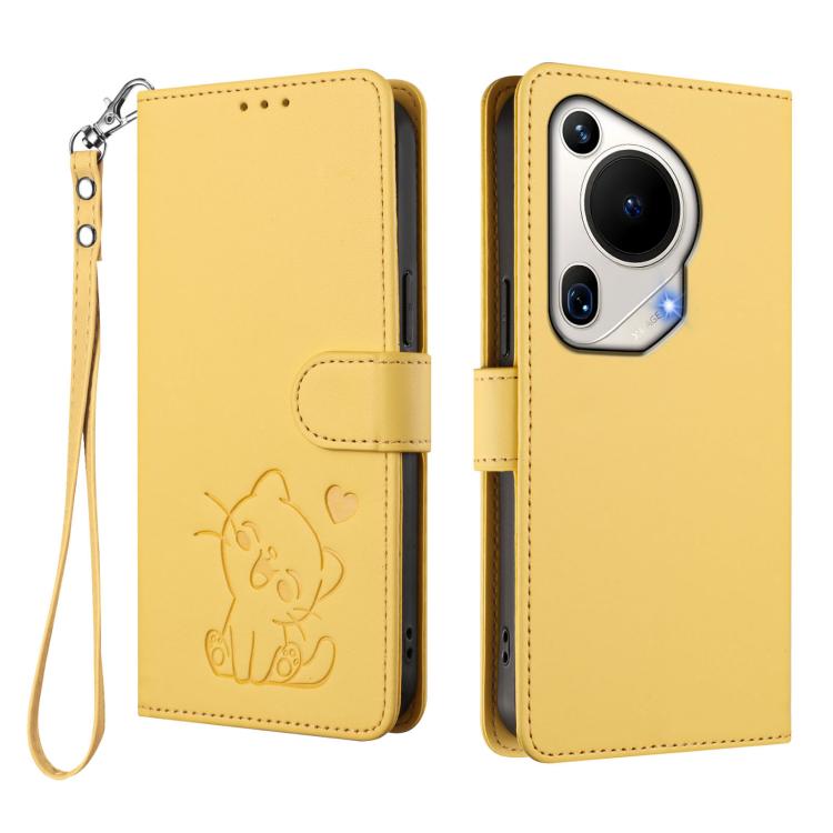 For Huawei Pura 70 Ultra Embossed Heart Cat Leather Phone Case with Hand Strap