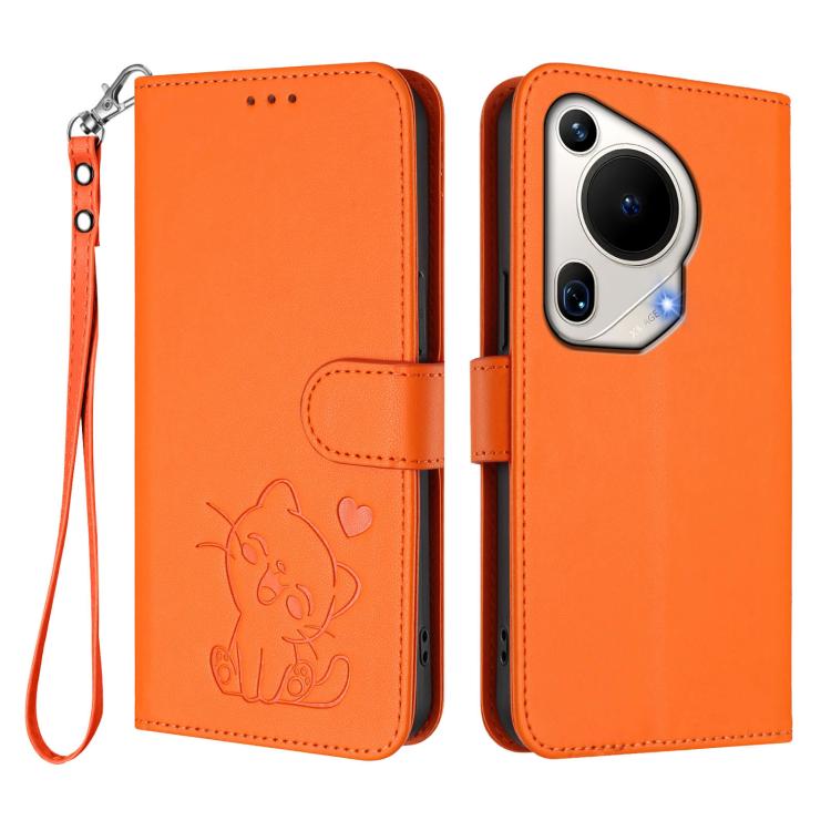 For Huawei Pura 70 Ultra Embossed Heart Cat Leather Phone Case with Hand Strap