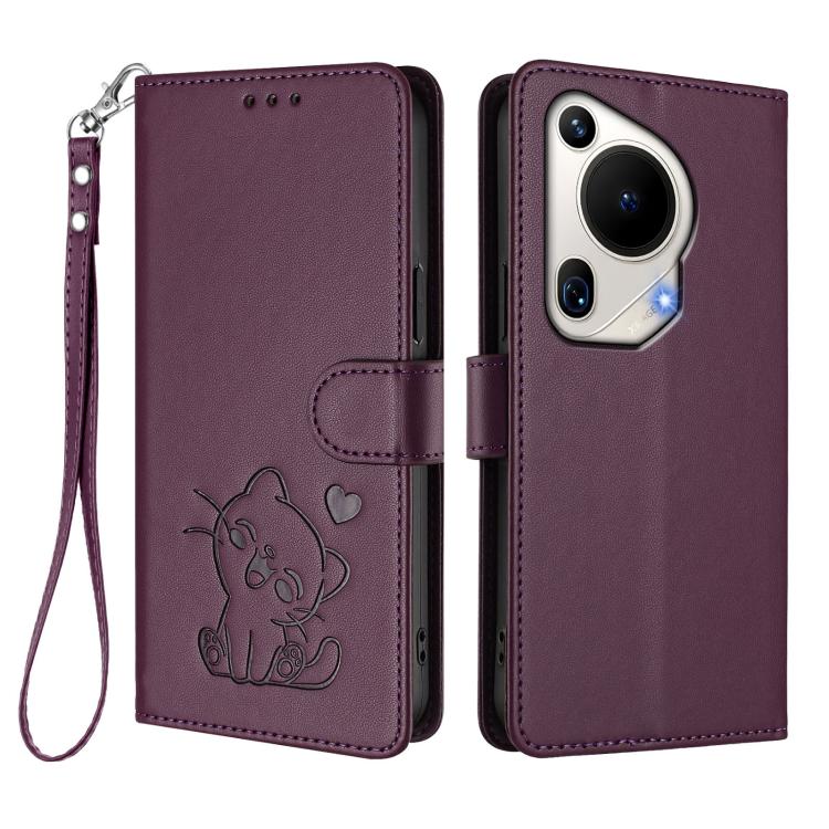 For Huawei Pura 70 Ultra Embossed Heart Cat Leather Phone Case with Hand Strap