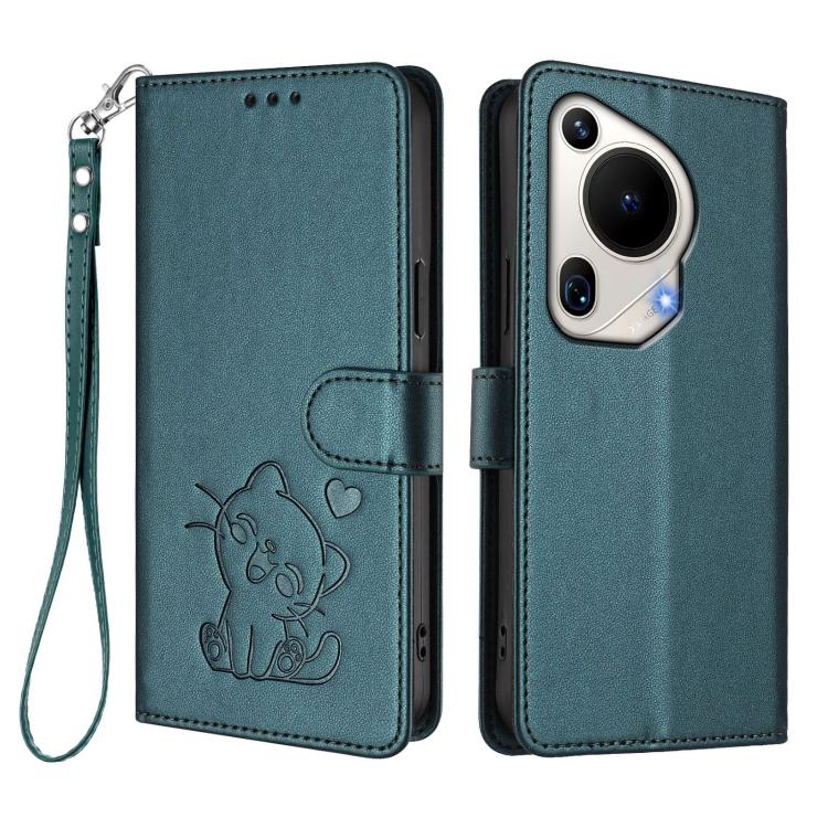 For Huawei Pura 70 Ultra Embossed Heart Cat Leather Phone Case with Hand Strap