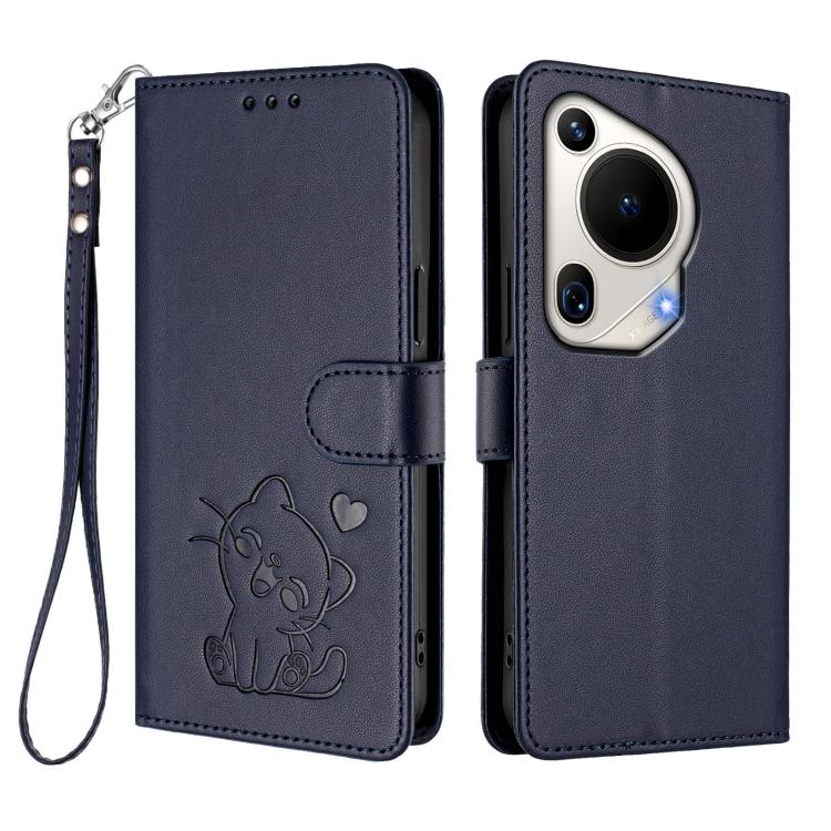 For Huawei Pura 70 Ultra Embossed Heart Cat Leather Phone Case with Hand Strap