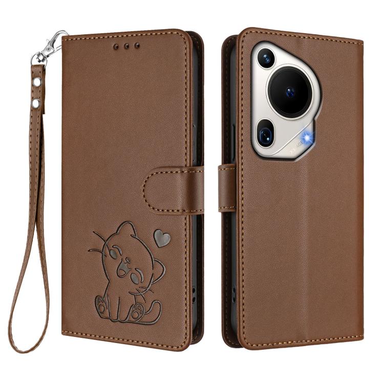 For Huawei Pura 70 Ultra Embossed Heart Cat Leather Phone Case with Hand Strap