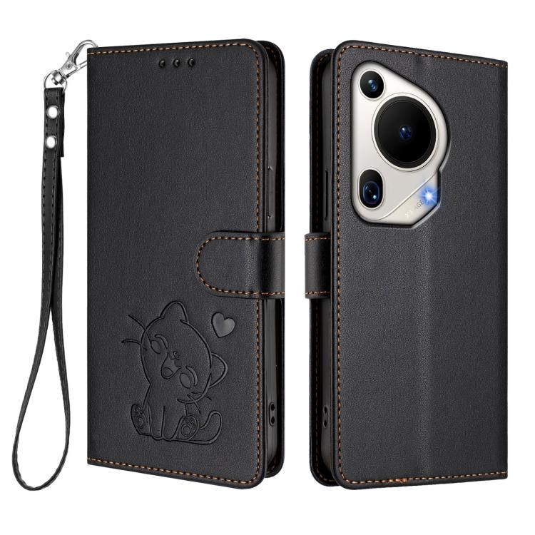For Huawei Pura 70 Ultra Embossed Heart Cat Leather Phone Case with Hand Strap