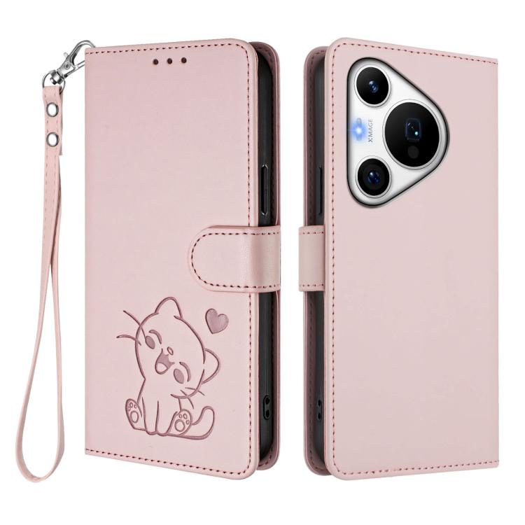 For Huawei Pura 70 Pro / Pura 70 Pro+ Embossed Heart Cat Leather Phone Case with Hand Strap