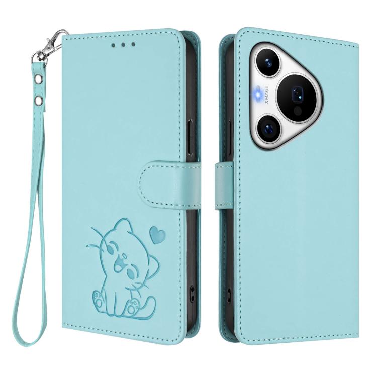 For Huawei Pura 70 Pro / Pura 70 Pro+ Embossed Heart Cat Leather Phone Case with Hand Strap