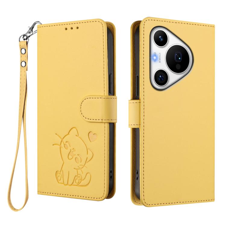 For Huawei Pura 70 Pro / Pura 70 Pro+ Embossed Heart Cat Leather Phone Case with Hand Strap