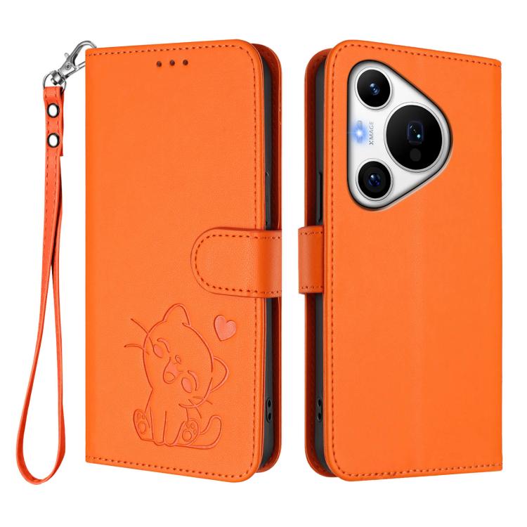 For Huawei Pura 70 Pro / Pura 70 Pro+ Embossed Heart Cat Leather Phone Case with Hand Strap