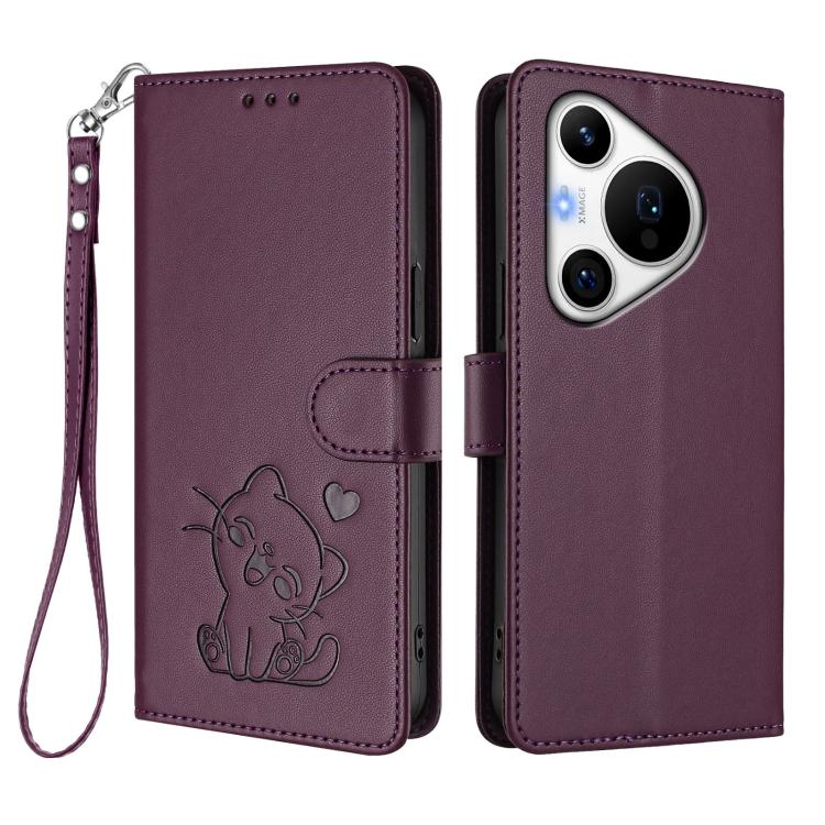 For Huawei Pura 70 Pro / Pura 70 Pro+ Embossed Heart Cat Leather Phone Case with Hand Strap