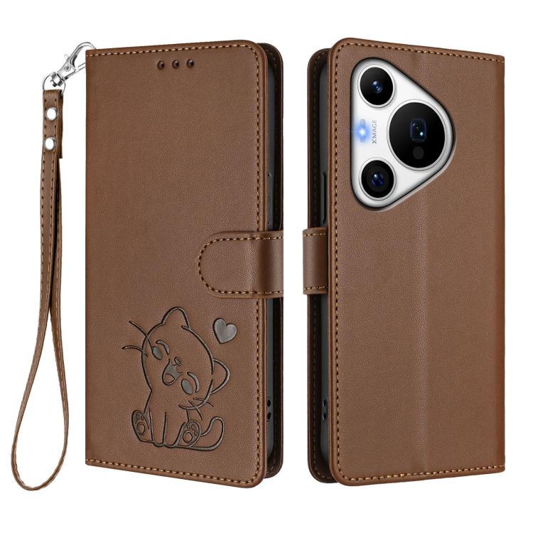 For Huawei Pura 70 Pro / Pura 70 Pro+ Embossed Heart Cat Leather Phone Case with Hand Strap
