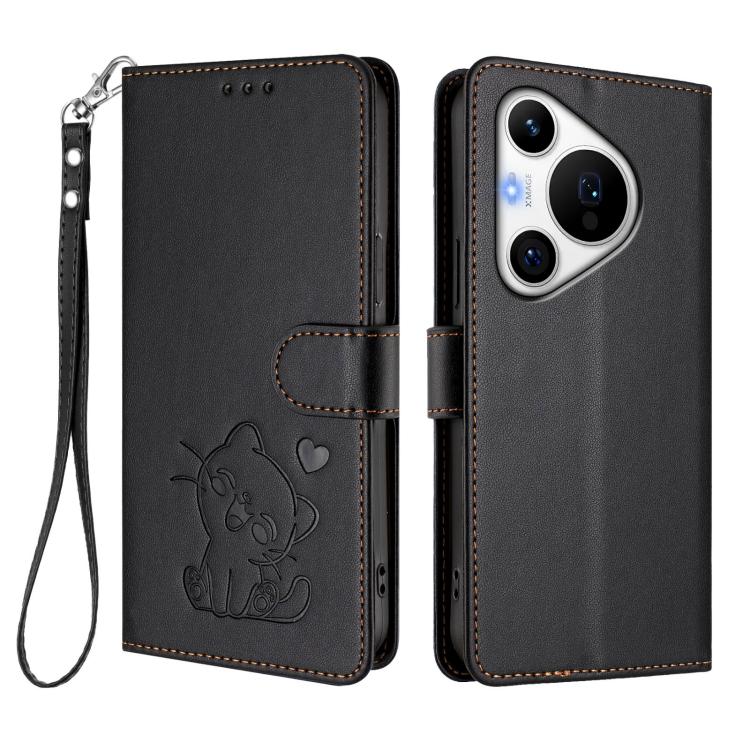 For Huawei Pura 70 Pro / Pura 70 Pro+ Embossed Heart Cat Leather Phone Case with Hand Strap